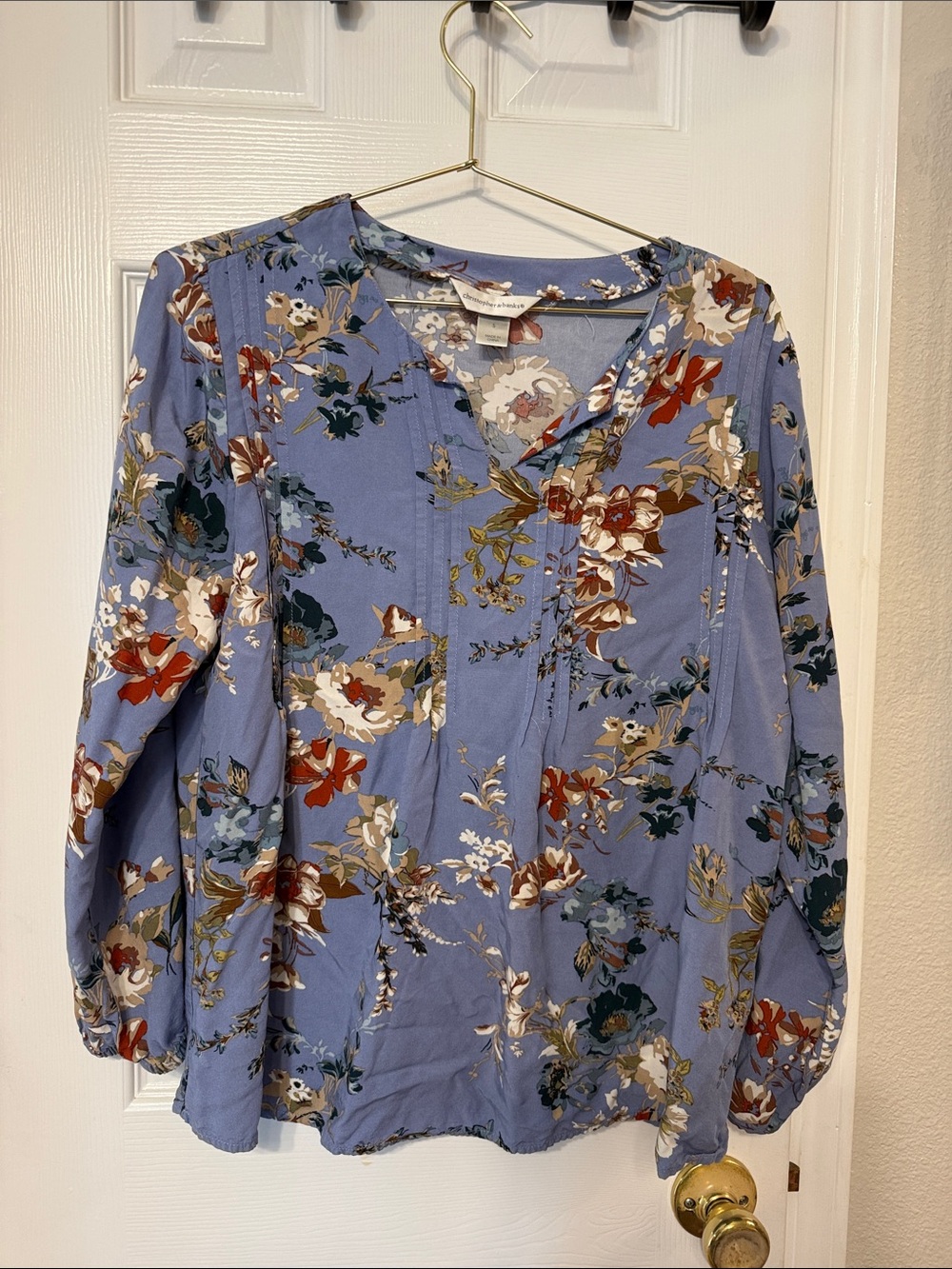 Christopher & Banks Blue Floral V-Neck Blouse